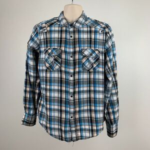 Pop Icon Clothing BKE L Shirt Pearl Snap Plaid Blue Flannel Pockets